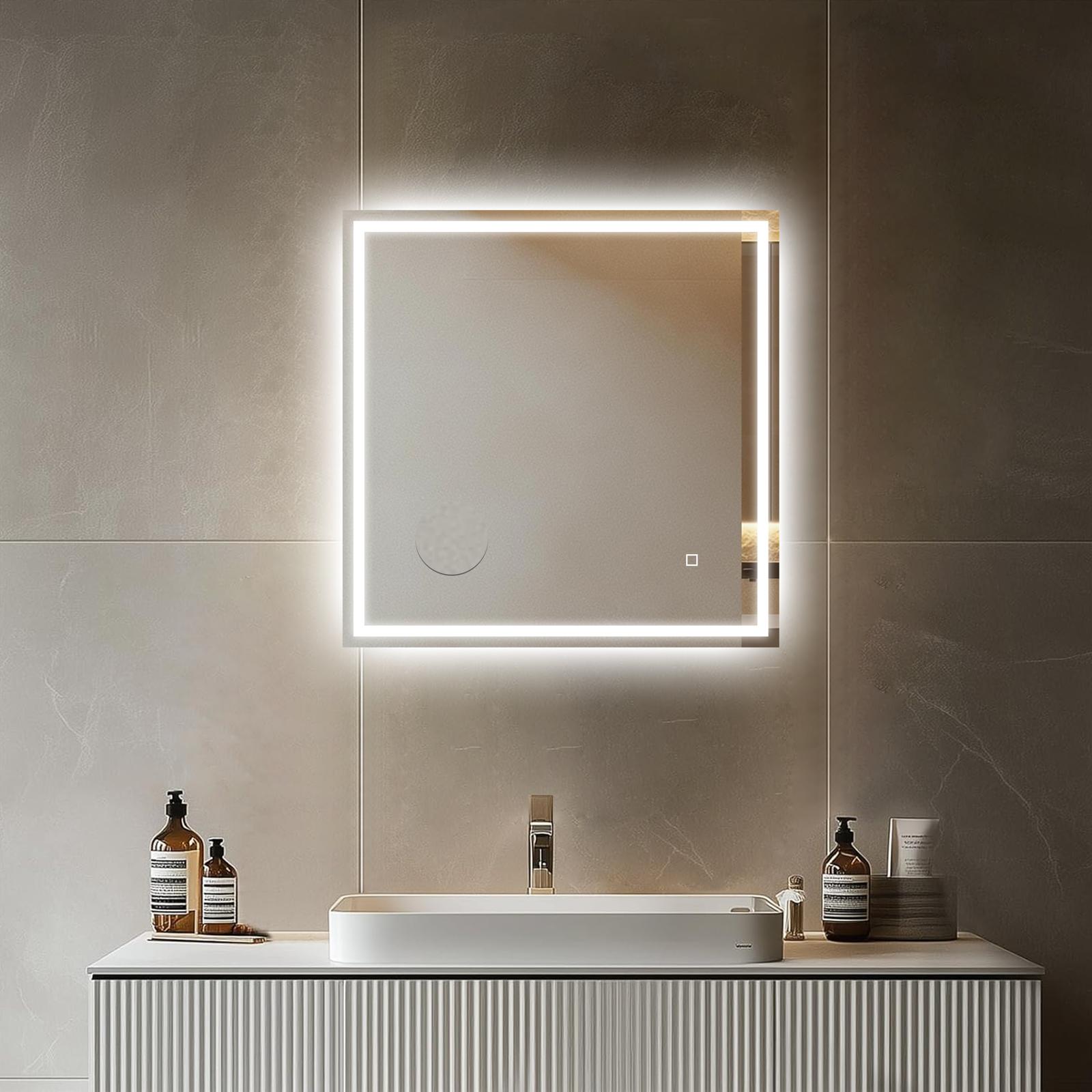 MIROIR CARRÉ LED SALLE DE BAIN 60×60CM – ANTI-BUÉE, TACTILE &amp; GROSSISSANT X3