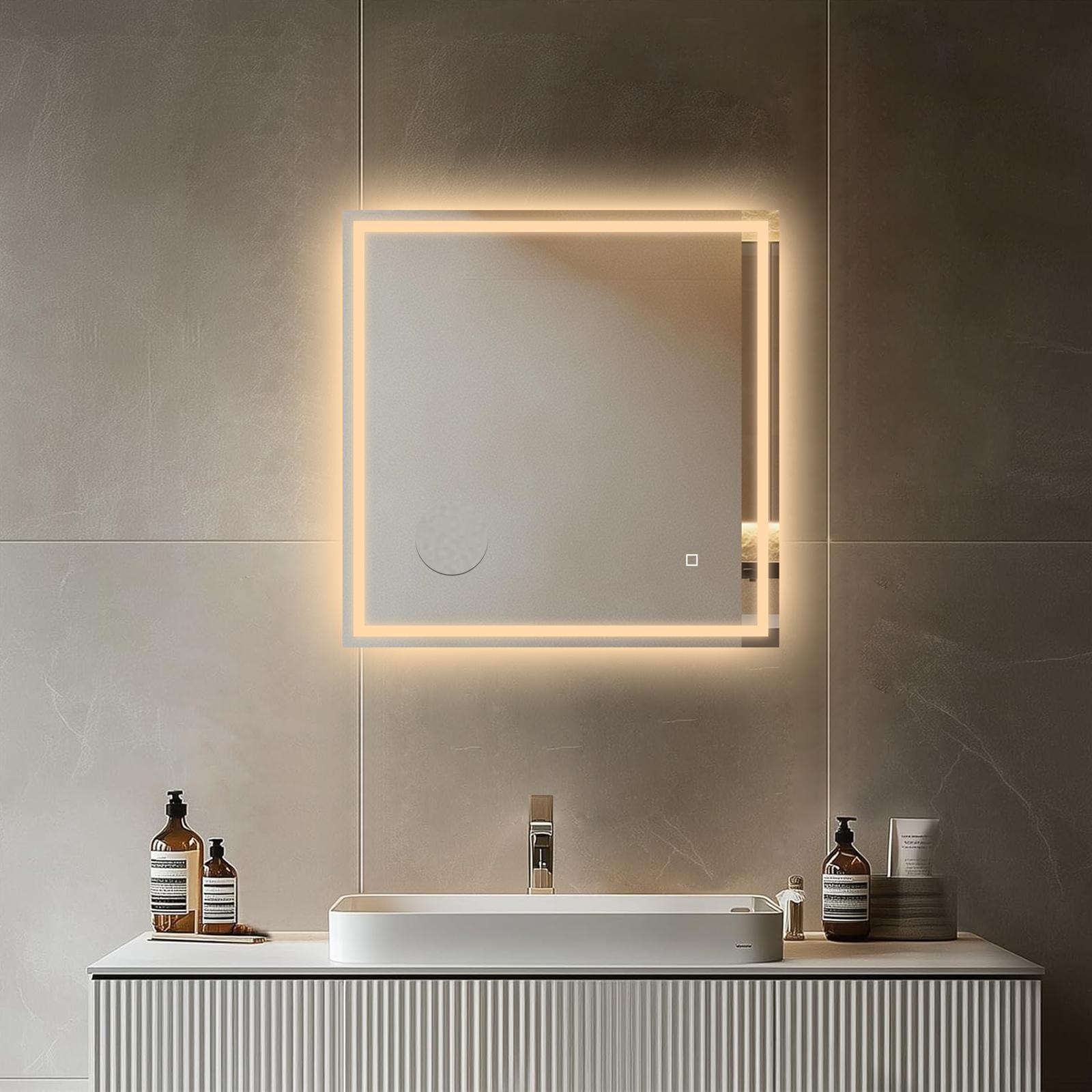 MIROIR CARRÉ LED SALLE DE BAIN 60×60CM – ANTI-BUÉE, TACTILE &amp; GROSSISSANT X3