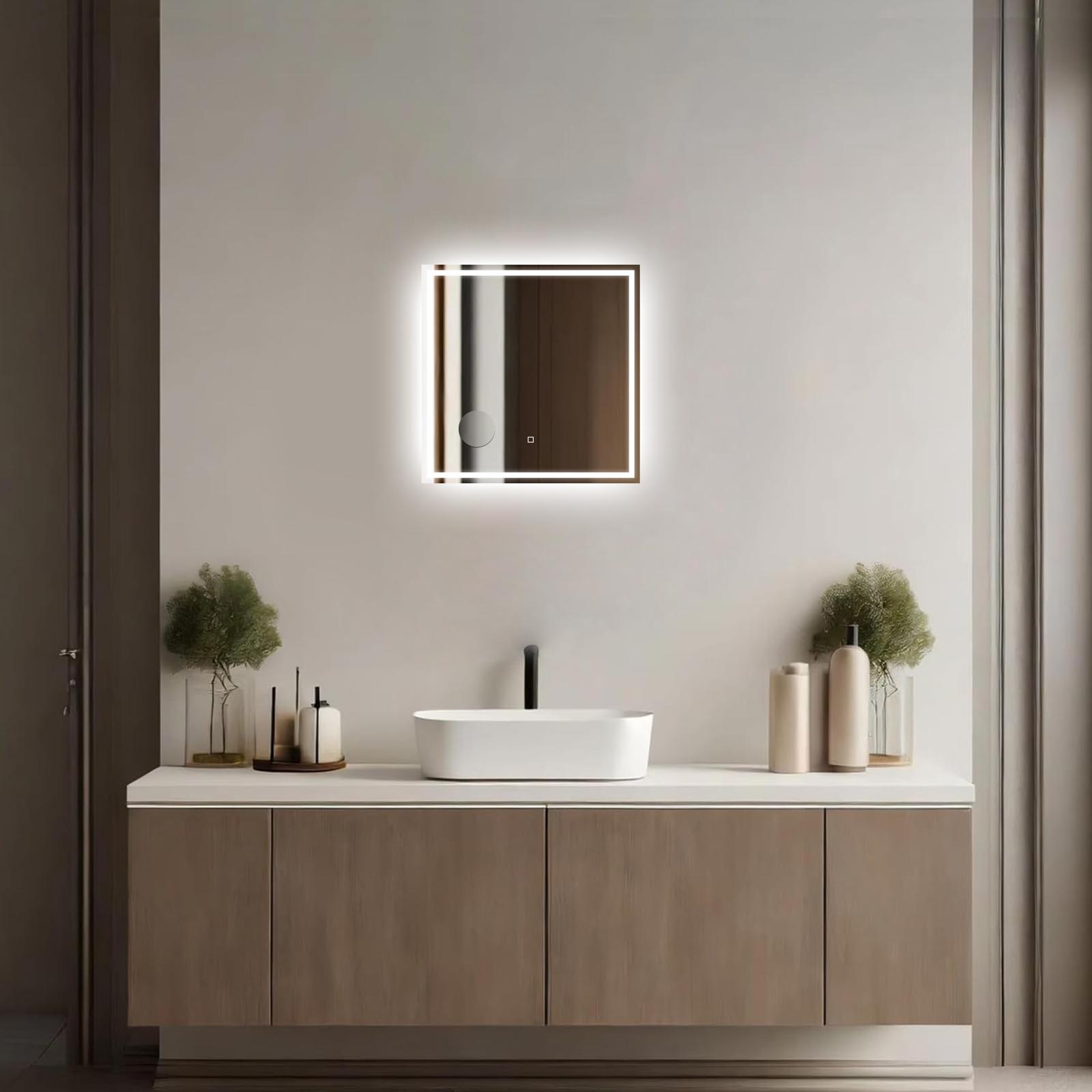 MIROIR CARRÉ LED SALLE DE BAIN 60×60CM – ANTI-BUÉE, TACTILE &amp; GROSSISSANT X3