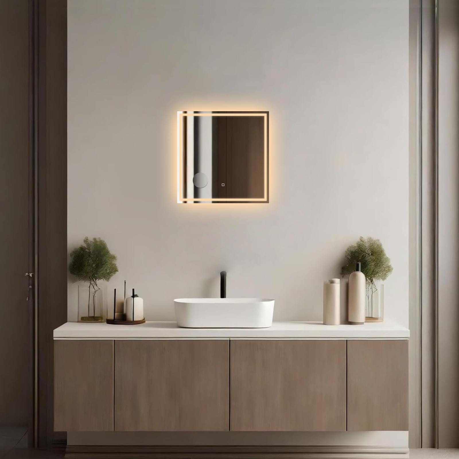 MIROIR CARRÉ LED SALLE DE BAIN 60×60CM – ANTI-BUÉE, TACTILE &amp; GROSSISSANT X3