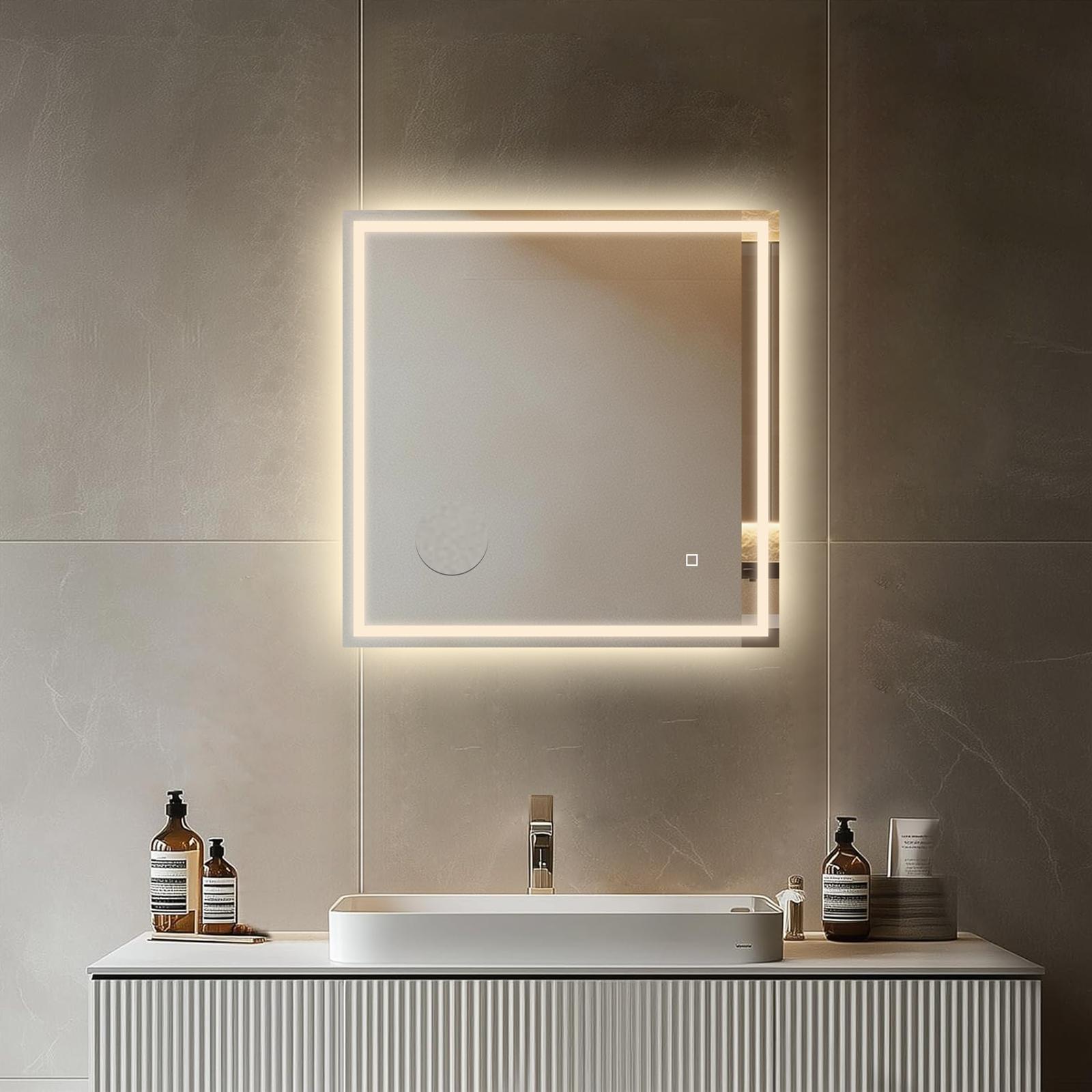 MIROIR CARRÉ LED SALLE DE BAIN 60×60CM – ANTI-BUÉE, TACTILE &amp; GROSSISSANT X3